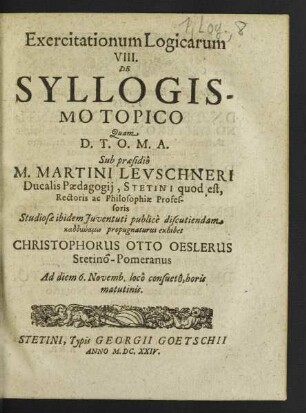 Exercitationum Logicarum ... De Syllogismo Topico
