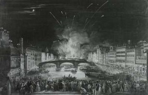 Ansicht des Ponte alla Carraia in Florenz am Abend mit Feuerwerk zum Feste des heiligen Johannes des Täufers