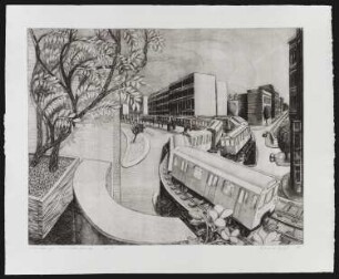 Radierung des Künstlers Erhard Groß, Titel: Kreuzberger Hochbahnkurve, Ed. 4/30, 1985