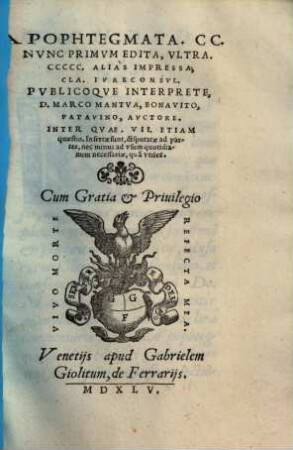 Apophtegmata. CC. : Inter Qvae. VII. Etiam quaestio. Insertae sunt, disputatae ad partes, nec minus ad vsum quotidianum necessariae, qua[m] vtiles