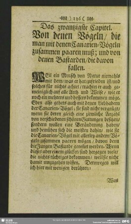 Das zwantzigste Capitel. Von denen Vögeln, die man mit denen Canarien-Vögeln zusammen paaren muß; und von denen Bastarden, die davon fallen