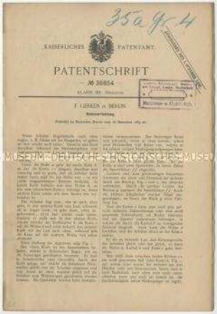 Patentschrift einer Hebevorrichtung, Patent-Nr. 36854