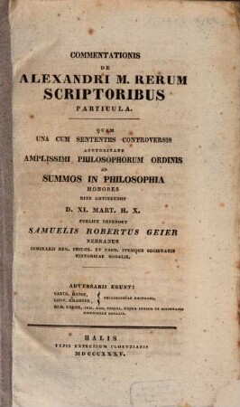 Commentationis de Alexandri M. scriptoribus particula