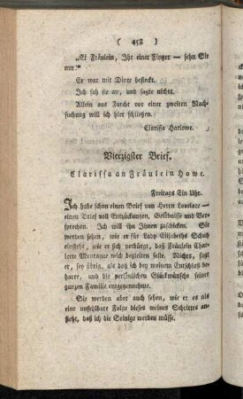 Vierzigster Brief. Clarissa an Fräulein Howe. - Drei und vierzigster Brief. Clarissa an Fräulein Howe.