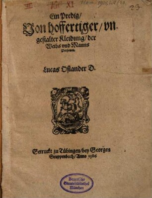 Ein Predig, Von hoffertiger vngestalter Kleidung der Weibs vnd Manns Personen