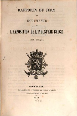 Rapports du Jury et Documents de l'Exposition de l'Industrie Belge en 1841