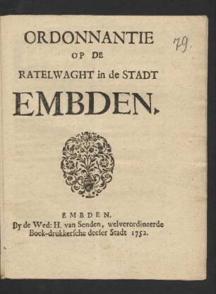 Ordonnantie Op De Ratelwaght in de Stadt Embden