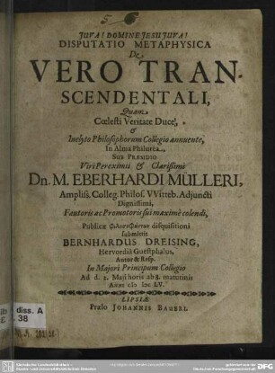Disputatio metaphysica de vero transcendentali