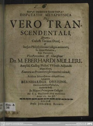 Disputatio metaphysica de vero transcendentali