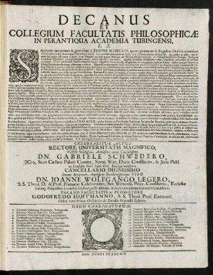 Decanus Et Collegium Facultatis Philosophicae In Perantiqua Academia Tubingensi, L. S.