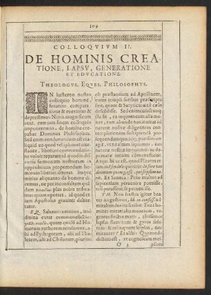 Colloquium II. De Hominis Creatione, Lapsu, Generatione Et Educatione.