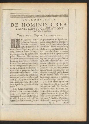Colloquium II. De Hominis Creatione, Lapsu, Generatione Et Educatione.