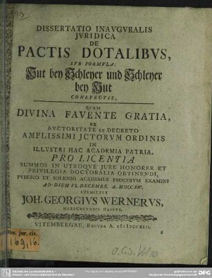 Dissertatio Inauguralis Iuridica De Pactis Dotalibus, Sub Formula: Hut bey Schleyer und Schleyer bey Hut Conspectis