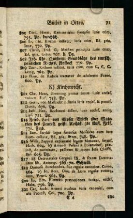 71-73, K) Kirchenrecht. - L) Iurisprudentia consultatoria.