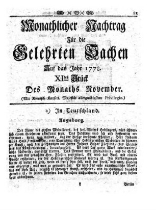 Monathlicher Nachtrag [...] Auf das Jahr 1778. XItes Stück Des Monaths November