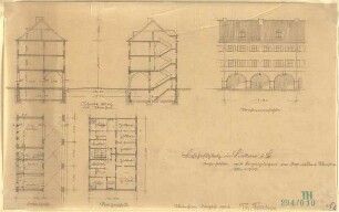 Fischer, Theodor; Lindau / Bodensee; Bahnhofplatz - Reihenhäuser mit Bogengängen an der Neuen Straße (Grundrisse, Ansicht, Schnitte)