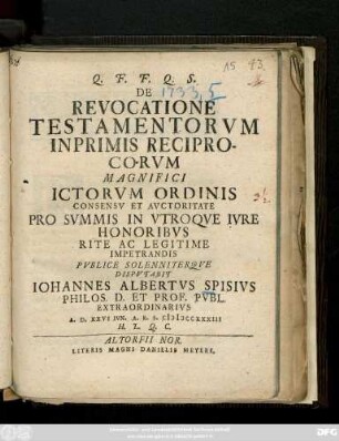 De Revocatione Testamentorvm Inprimis Reciprocorvm