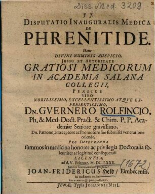 Disputatio Inauguralis Medica De Phrenitide