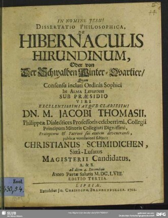 Dissertatio Philosophica, De Hibernaculis Hirundinum, Oder von Der Schwalben Winter-Quartier