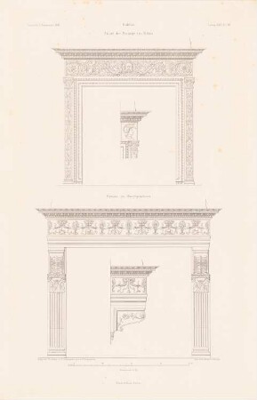 Stadtpalais, Gubbio: Ansichten, Details Kamine (aus: Atlas zur Zeitschrift für Bauwesen, hrsg. v. F. Endell, Jg. 31, 1881)