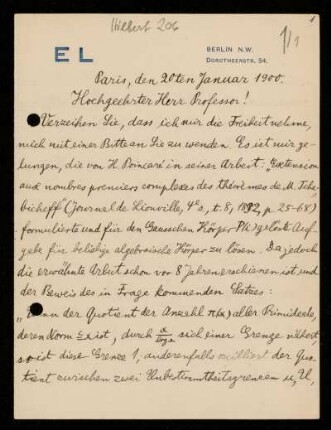 Briefe und Postkarten von Edmund Landau an David Hilbert, Berlin, Paris, Charlottenburg (Berlin), Göttingen, 1900 - 1913