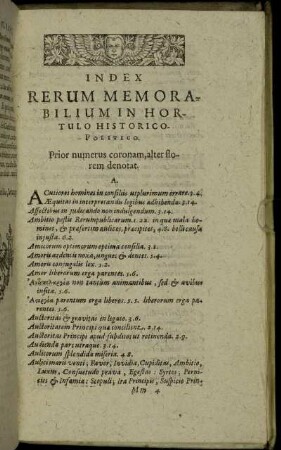 Index Rerum Memorabilium In Hortulo Historico-Politico.