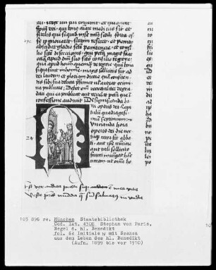 Stephan von Paris, Auslegung der Regel des heiligen Benedikt — Initiale N, darin der gerettete Mönch vor Benedikt, Folio 64recto