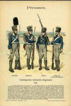 Uniformdarstellung, Grenadier, Musketier, Füsilier und Soldat der Garnisons-Kompanie des Infanterie-Regiments "Kolberg", Königreich Preußen, 1811.