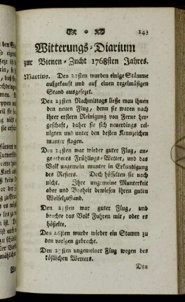 Witterungs-Diarium zur Bienen-Zucht 1768sten Jahres.