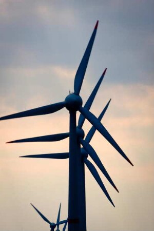 Deutschland. Niedersachsen. Emden. Windräder im Abendlicht