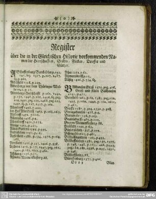 Register über in der Gleichischen Historie vorkommenden Namen der Herrschafften, Städte, Flecken, Dörffer und Güther