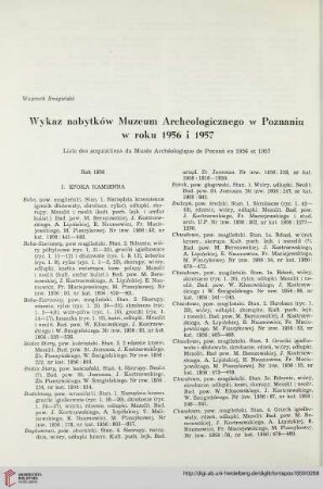 Wykaz nabytków Muzeum Archeologicznego w Poznaniu w roku 1956 i 1957