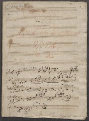 2 Quartets, vl (2), vla, vlc, Arr - BSB Mus.Schott.Ha 2210-2 : [title page, vl 1, with red chalk:] Quartetts // [with pencil:] Violino 1|o // [with red chalk:] von L. von Beethoven // n 2