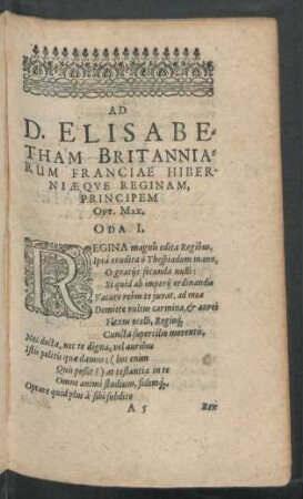 Ad D. Elisabetham Britanniarum Franciae Hiberniaeque Reginam, Principem Opt. Max. Oda I.