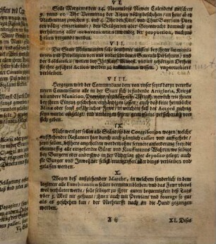 AccordtsPuncten. So zwischen Ihr Kays. Mayest. und Churfürstl. Durchl. in Bayren [et]c. ReichsWaffen hier vor Memmingen anwesendten Generalitet Eines und der Königl. Mayest. und Cron Schweden bestelten Obristen und Commendanten in Memmingen Sigismundi Prisenki, andern thails wegen Ubergab solches Orths verglichen unnd beschlossen worden : [Geschehen vor Memmingen den 23. Novembris newen Calenders Anno 1647.]