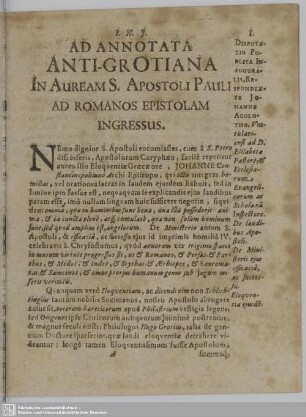 Ad Annotata Anti-Grotiana In Auream S. Apostoli Pauli Ad Romanos Epistolam Ingressus