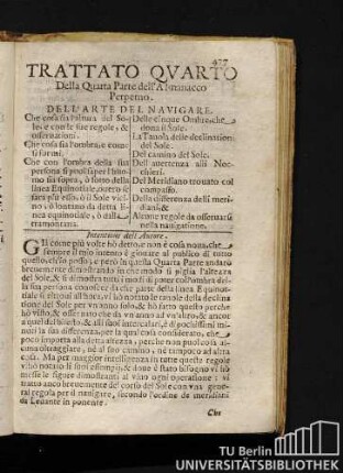 Trattato Qvarto Della Quarta Parte dell'Almanacco Perpetuo. Dell'Arte Del Navigare.
