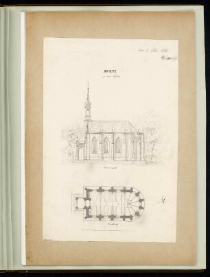 Kapelle Monatskonkurrenz Mai 1866: Grundriss, Aufriss Seitenansicht; Maßstabsleiste