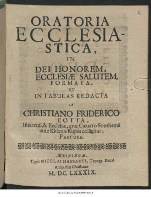 Oratoria Ecclesiastica : In Dei Honorem, Ecclesiae Salutem, Formata, Et In Tabulas Redacta