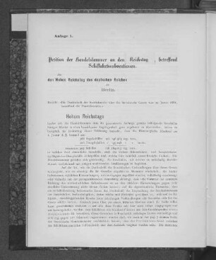 Anlage 1. Petition der Handelskammer an den Reichstag, betreffend Schiffahrtssubventionen.