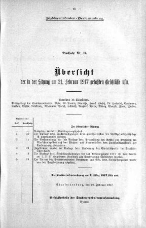 Übersicht der in der Sitzung am 21.Februar 1917 gefaßten Beschlüsse. (14), 21. Februar 1917