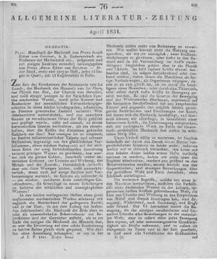 Gerstner, F. J.: Handbuch der Mechanik. Aufegsetzt und mit einigen Zusätzen vermehrt, hrsg. v. F. A. Gerstner. Prag [1831]