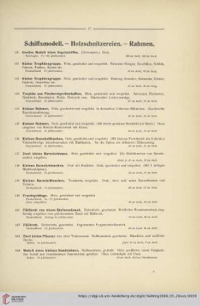 Schiffsmodell. – Holzschnitzereien. – Rahmen. (Nr. 130-144)
