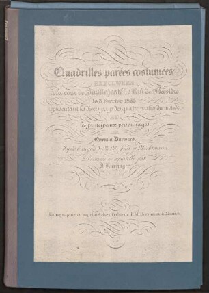 Quadrilles parées : costumées executées à la cour de Sa Majesté le Roi de Bavière le 3 fevrier 1835 représentant les divers pays des quatre parties du monde et les principaux personnages de Quentin Durward, d'après le croquis de MM. Fries et Nachtmann