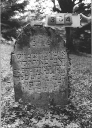 Grabstein 384 (Index: 99799417) Material: Sandstein Zustand: verwittert, angeschlagen Maße HxBxT: 100x61x17 cm Beschreibung: Stele, eingezogener Rundbogenabschluß Symbolik: Levitenkanne: Grabstein 384