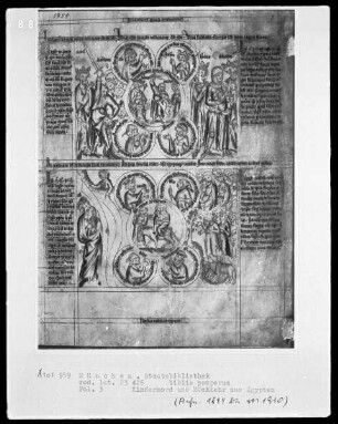 Biblia pauperum — Bildseite mit zwei Gruppen typologischer Szenen, Folio 3recto