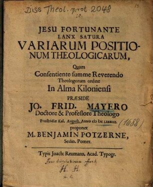 Lanx Satura Variarum Positionum Theologicarum