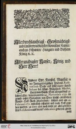 Allerdurchlauchtigst = Großmächtigst und Unüberwindlichster Römischer Kayser / auch zu Hispanien / Hungarn und Böheim König