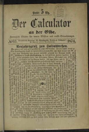2.1874/75=Nr.63/129: Der Calculator an der Elbe : zwanglose Blätter zur Unterhaltung; Amtsblatt von Krähwinkel