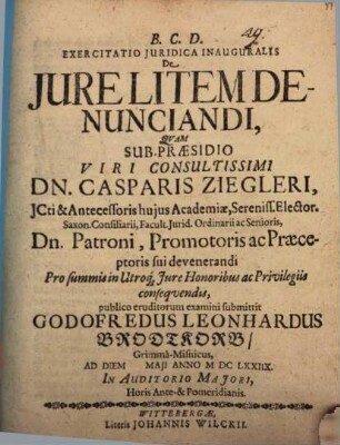 Exercitatio Iuridica Inauguralis De Iure Litem Denunciandi